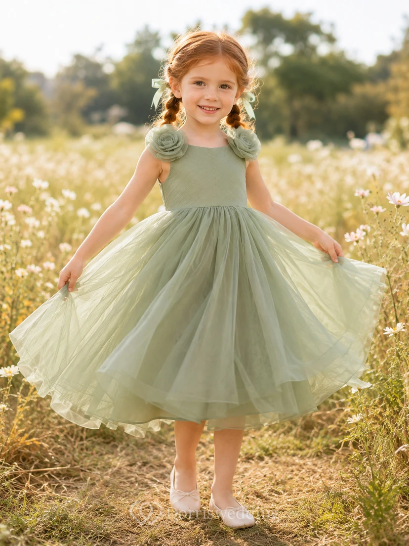 Sage Rosette Shoulder Flower Girl Gown with Sleeveless Tulle A-Line, Sculpted Floral Accents, and Floor-Length Skirt