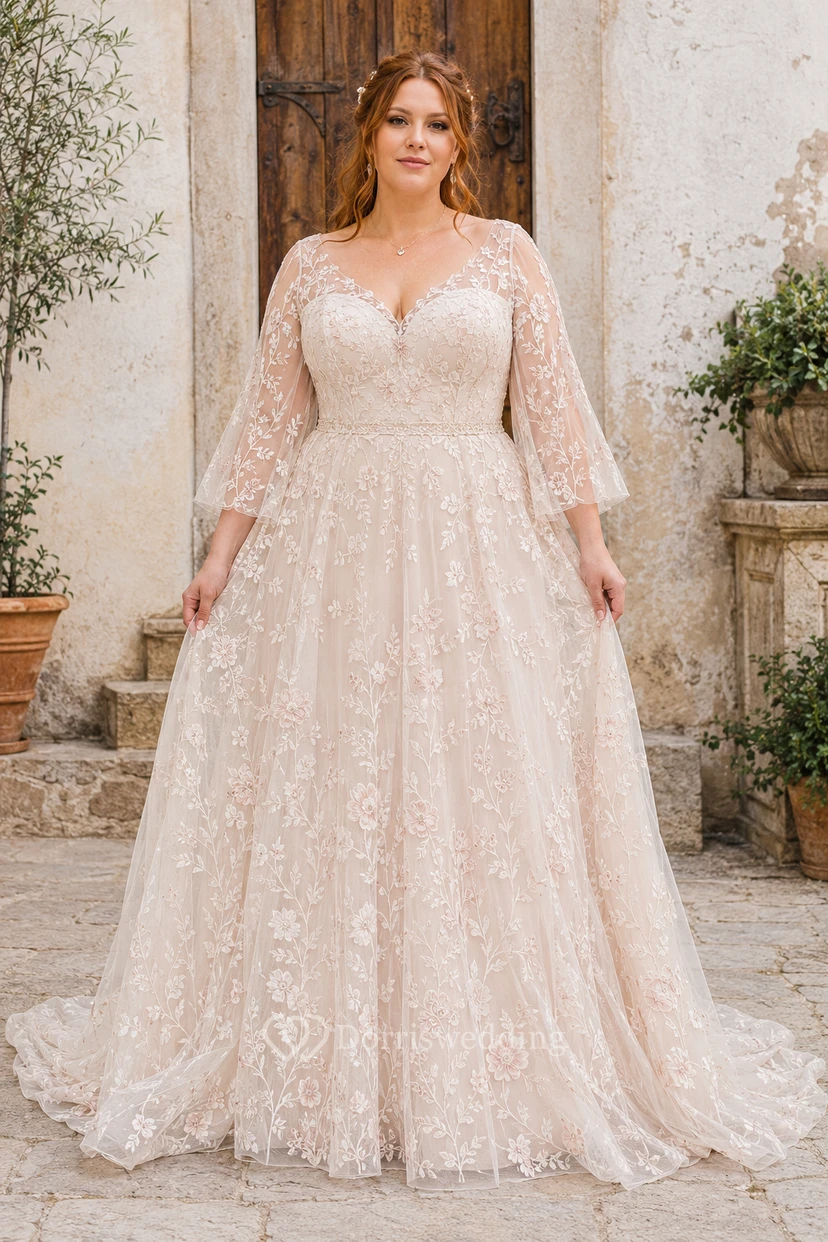 Plus Size Ivory V-Neck Long Sleeve Lace A-Line Wedding Dress with Bell Sleeves