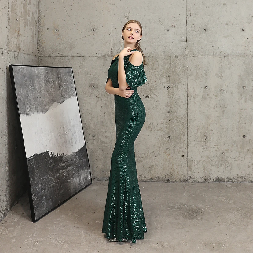 Banquet Temperament Elegant Long Short-Sleeved Sequin Aura Queen Fishtail Evening Dress view 2
