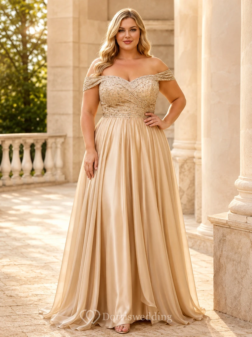 Elegante vestido de talla grande color champán con escote Bardot, mangas cortas y encaje de gasa, corte en A.