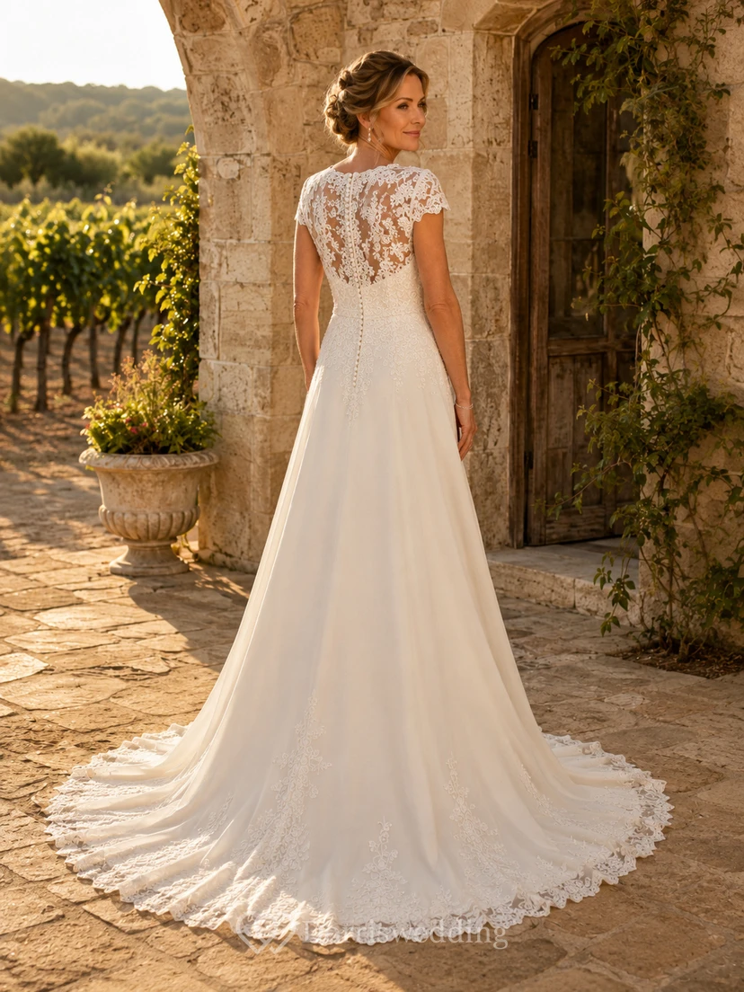 Romantic V Neck Lace Chiffon Wedding A Line Cap Sleeve Court Train view 2