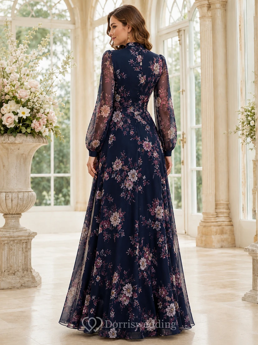Navy Floral High Neck Long Sleeve A-Line Formal Maxi Dress view 2