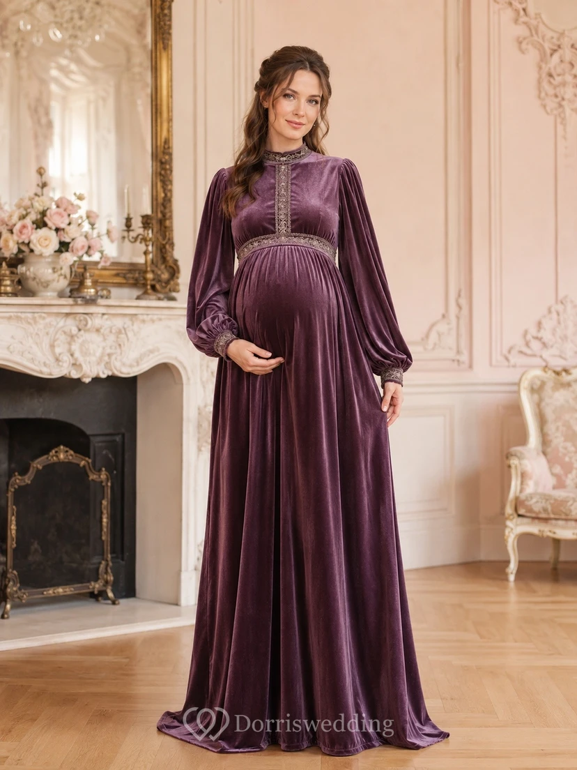 Vintage Plum High Neck Long Sleeve Empire Velvet Maternity Dress