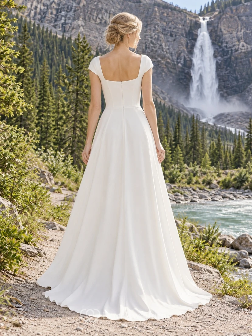 Vestido de novia sencillo de crepé con escote cuadrado, mangas cortas, cintura ajustada y falda en línea A. view 2