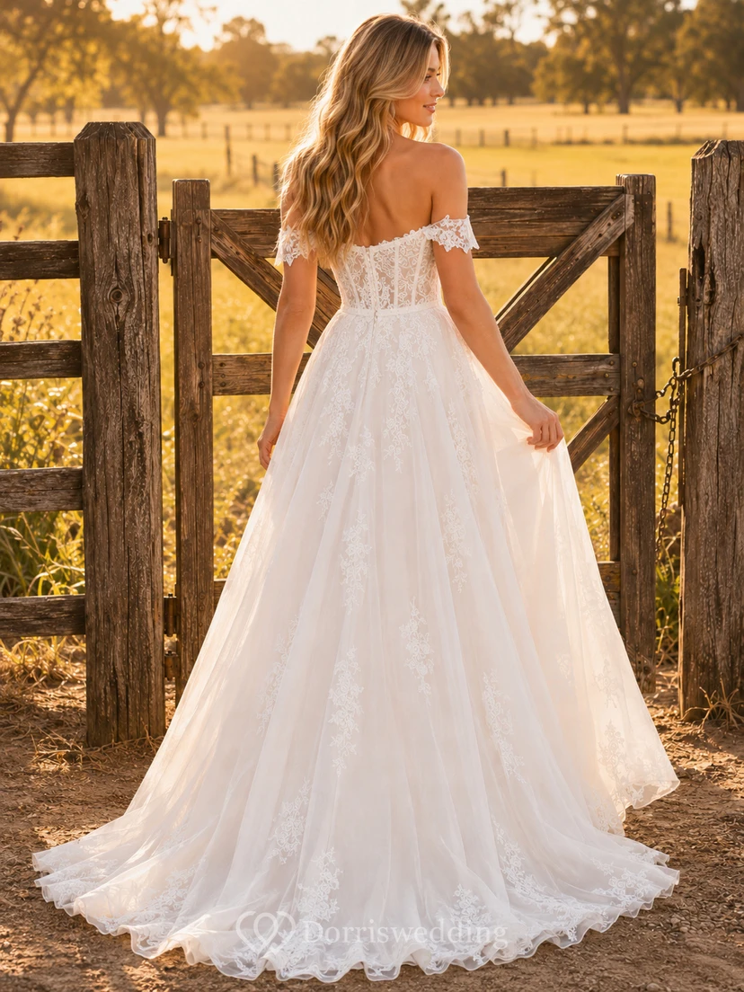 Country-Brautkleid mit schulterfreiem Oberteil und A-Linien-Schnitt, Spitze view 2