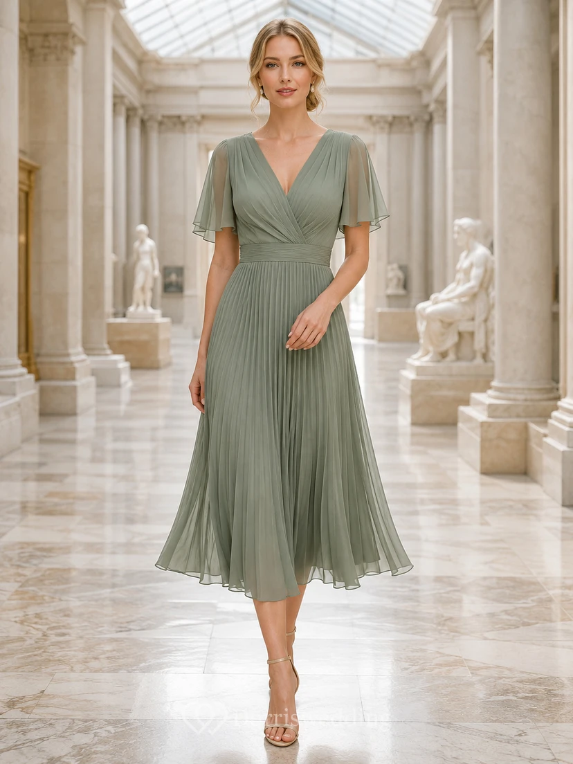 Museum Sage V-Neck Chiffon A-Line Tea-Length Pleated Short Sleeve Dress