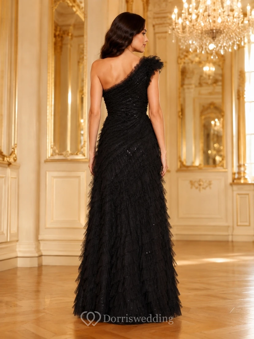 Black One-Shoulder Feather Sequin Mermaid Split Evening Gown view 2