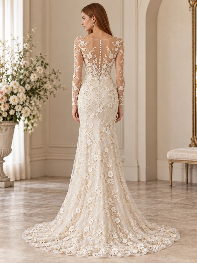 Long Sleeve Bateau Neck Floral Lace Fitted Train Wedding Dress view 2