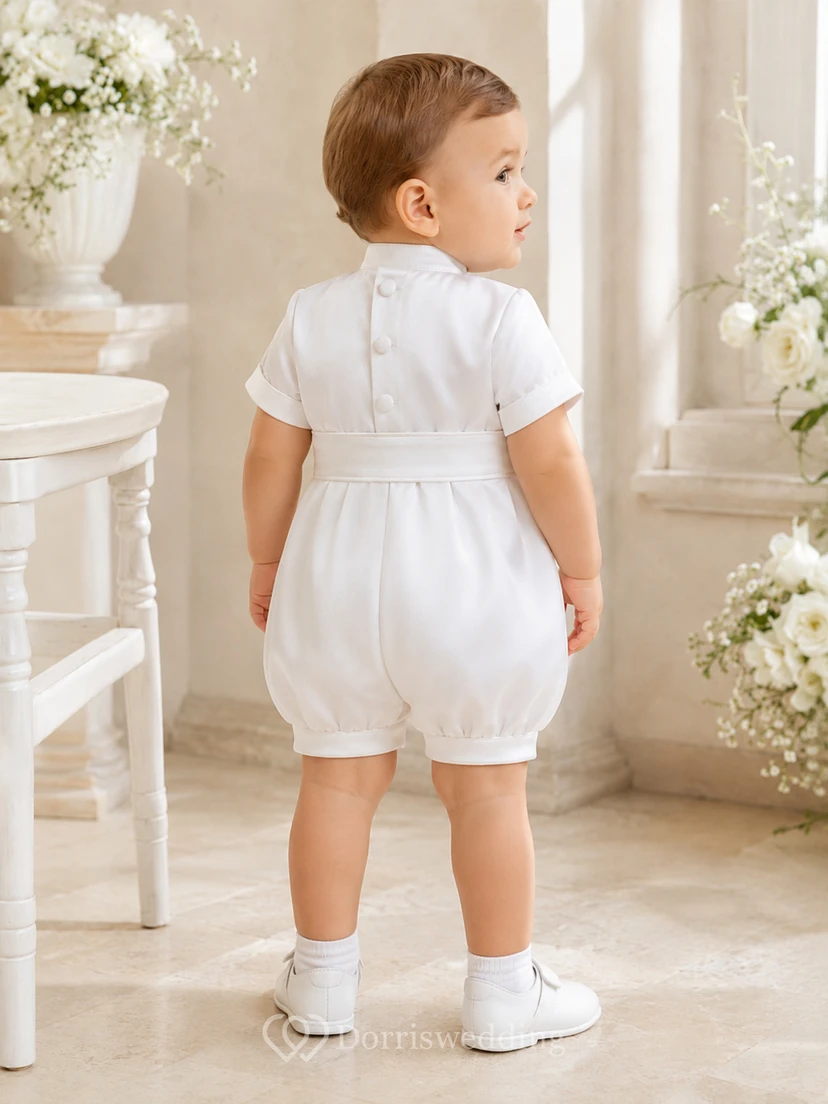 White Double Button Bib Short Sleeve Baptism Bubble Romper for Baby Boy view 2