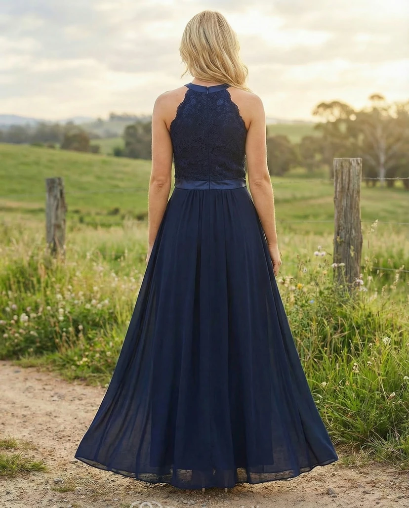 Blue Scoop Neck Chiffon Gown with Pleats view 2