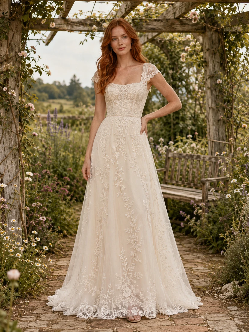Vestido de novia vintage con escote en V, encaje, corte en A y espalda descubierta