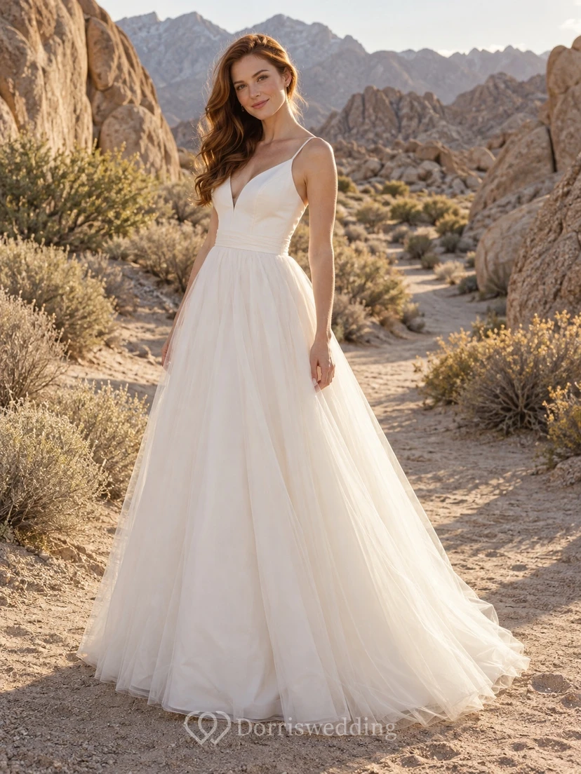 Vestido de novia sencillo de tirantes finos, escote en V, sin mangas, con fajín y corte en A, largo hasta el suelo.