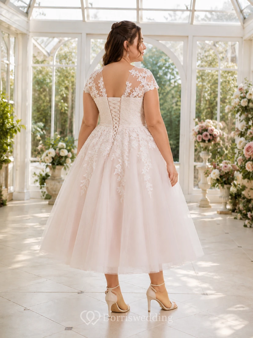 Lace Applique Tea-Length Wedding Dress view 2