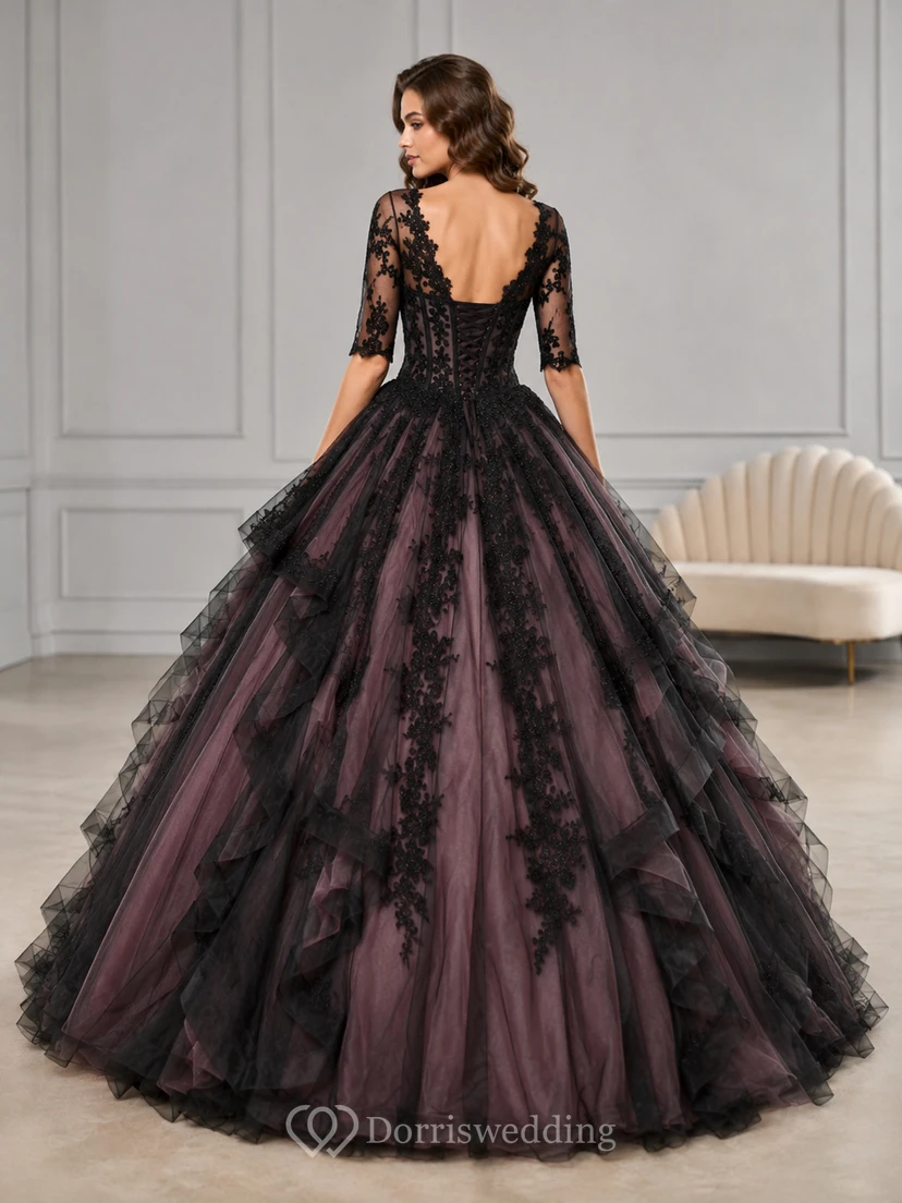 Vintage Mauve Black V Neck Half Sleeve Layered Lace Quinceanera Princess Ball Gown view 2