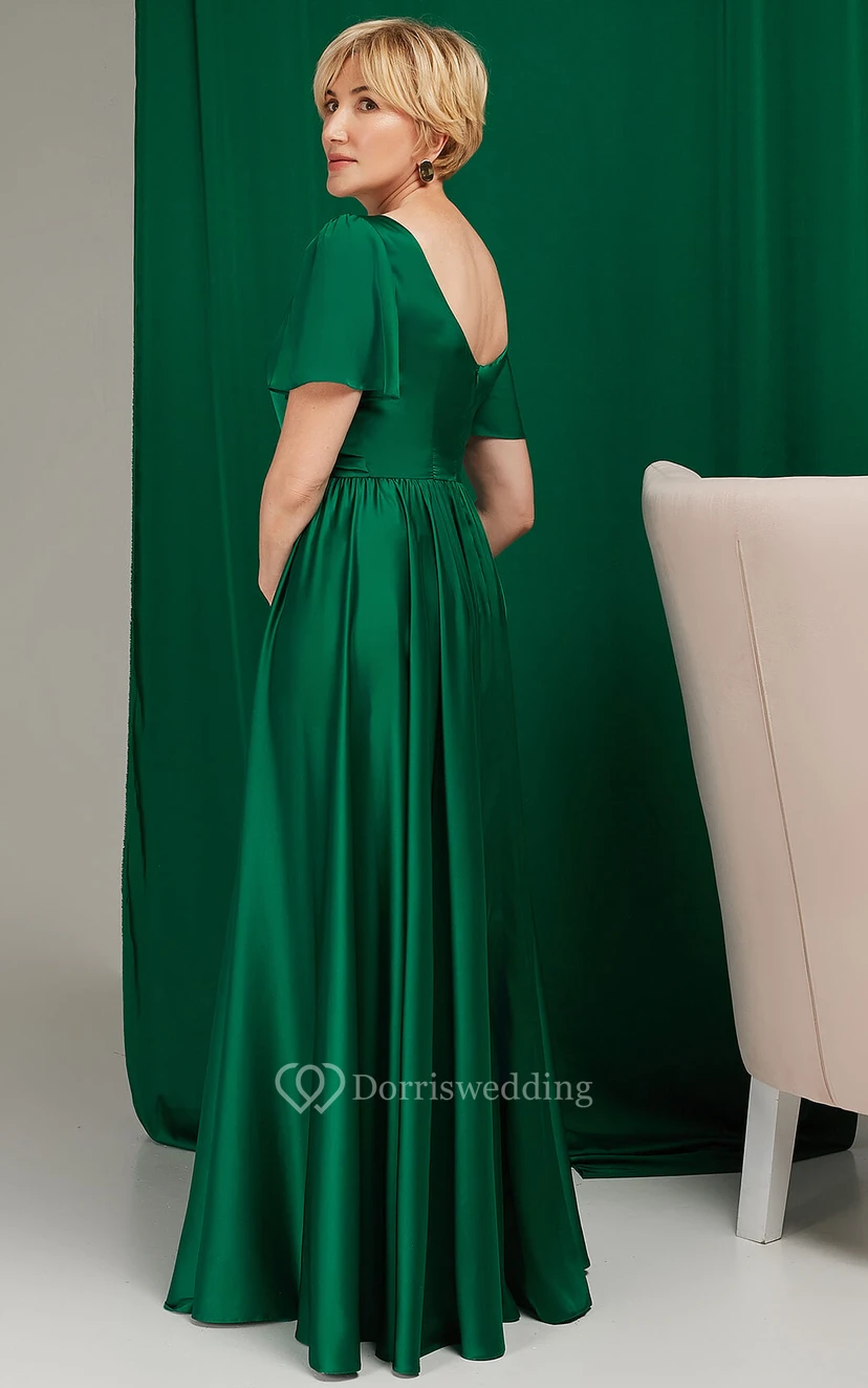 Elegantes, bodenlanges A-Linien-Kleid aus Satin mit U-Boot-Ausschnitt, tiefem V-Ausschnitt am Rücken und Schlitz vorne – perfekt für die Mutter der Braut. view 2