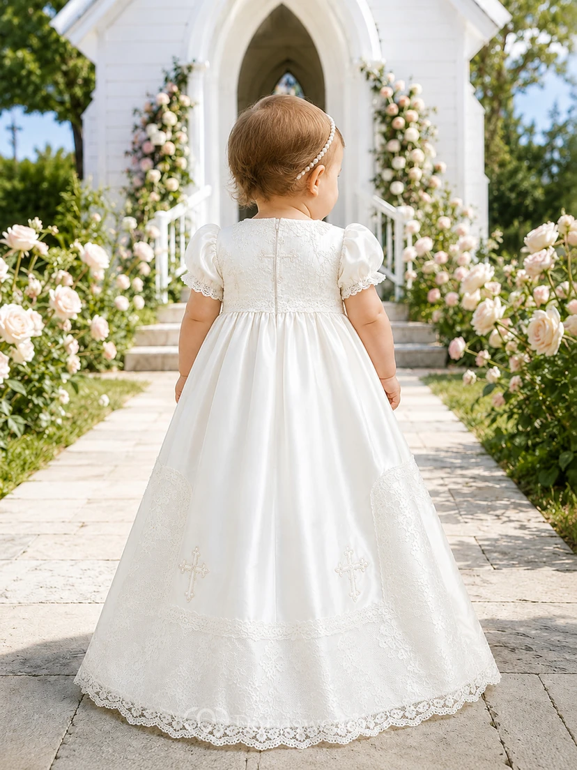Cross Embroidered Christening Gown A-Line Tulle Lace Jewel Neck Short Sleeve