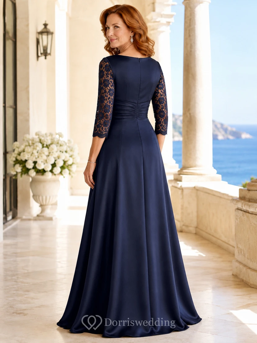 Elegantes, dunkelblaues Brautmutterkleid mit V-Ausschnitt, Spitzenärmeln, geraffter Taille, bodenlangem Schnitt und A-Linien-Schnitt view 2