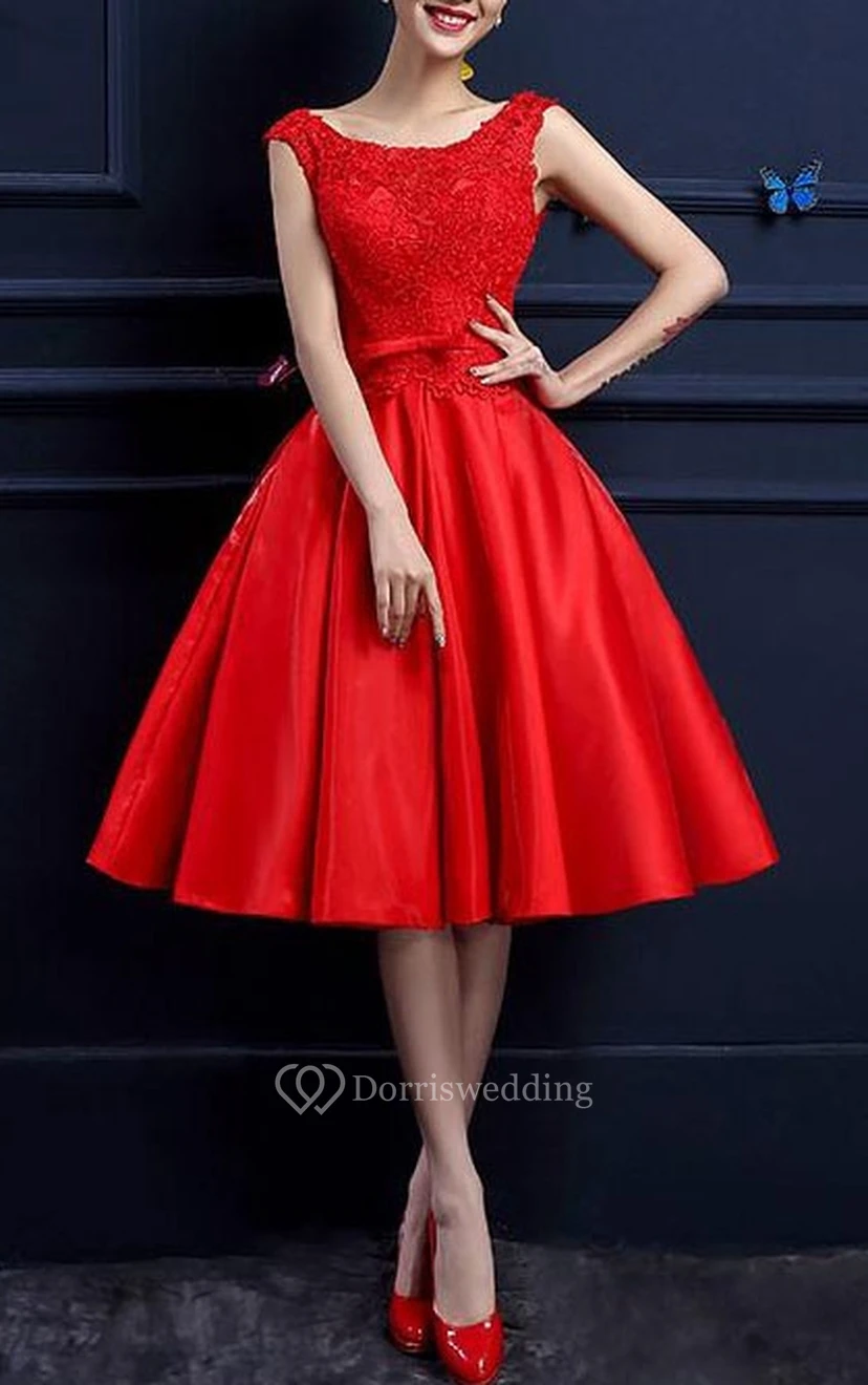 A-line Cap Sleeves Knee-Length Lace Prom Dress