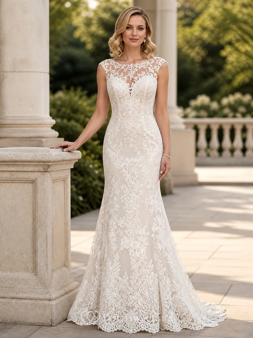 Vestido de novia modesto estilo sirena con escote barco, sin mangas y encaje floral festoneado