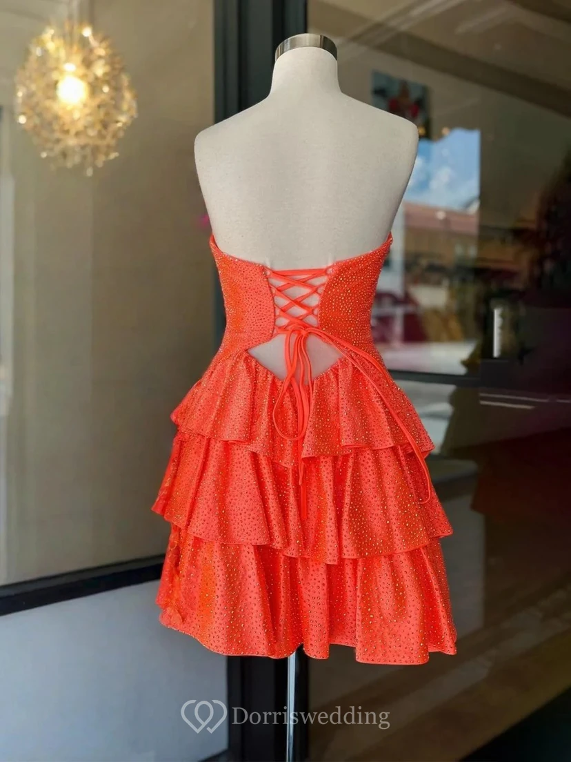 Orangefarbenes, paillettenbesetztes, trägerloses Rüschenkleid view 6