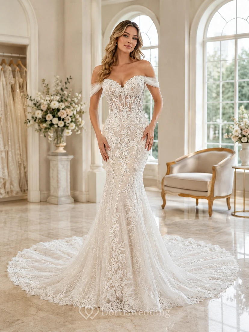 Robe de mariée sirène spectaculaire en dentelle, épaules dénudées, manches courtes, traîne chapelle, applications florales, style jardin