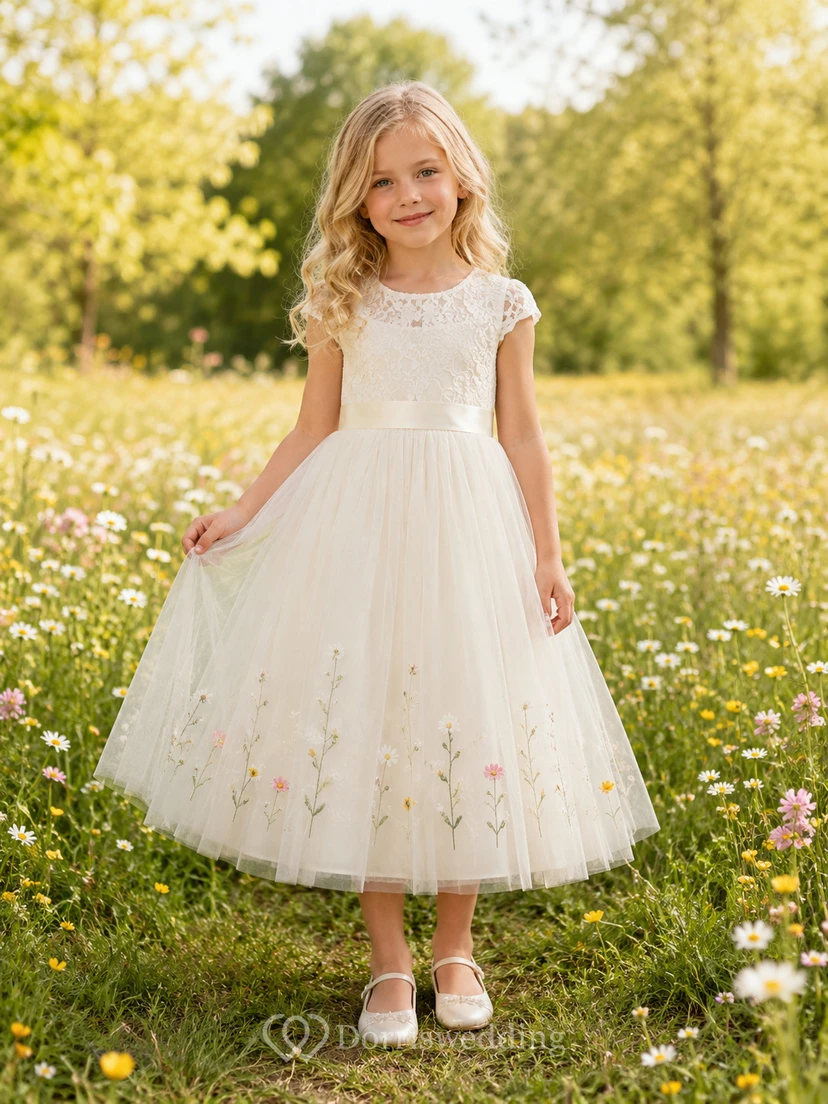A-Line Flowergirl Floral Embroidered Tulle Tea-Length Cap Sleeve Wildflower Wedding Dress