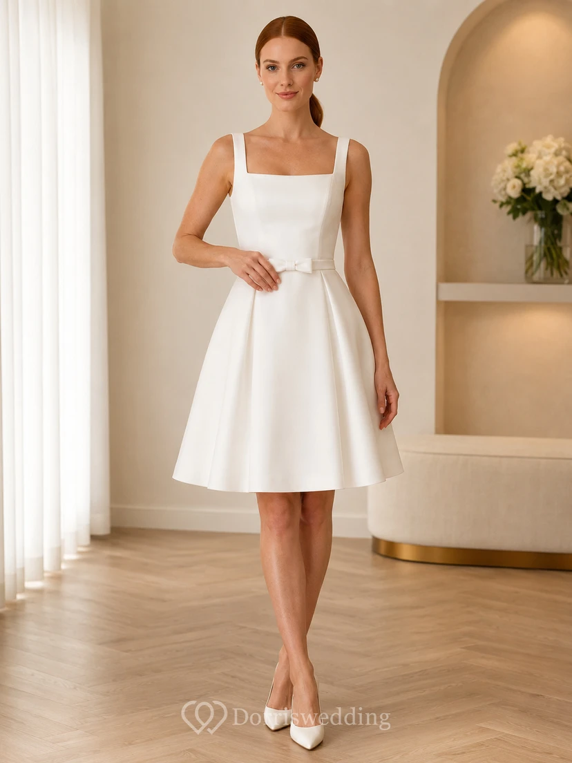 Robe de mariée classique en satin, coupe trapèze, longueur genou, col carré et larges bretelles