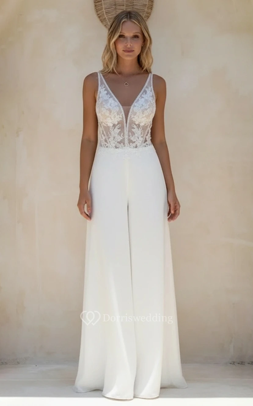 Combinaison sans manches à décolleté en V profond avec corsage corset en dentelle transparente