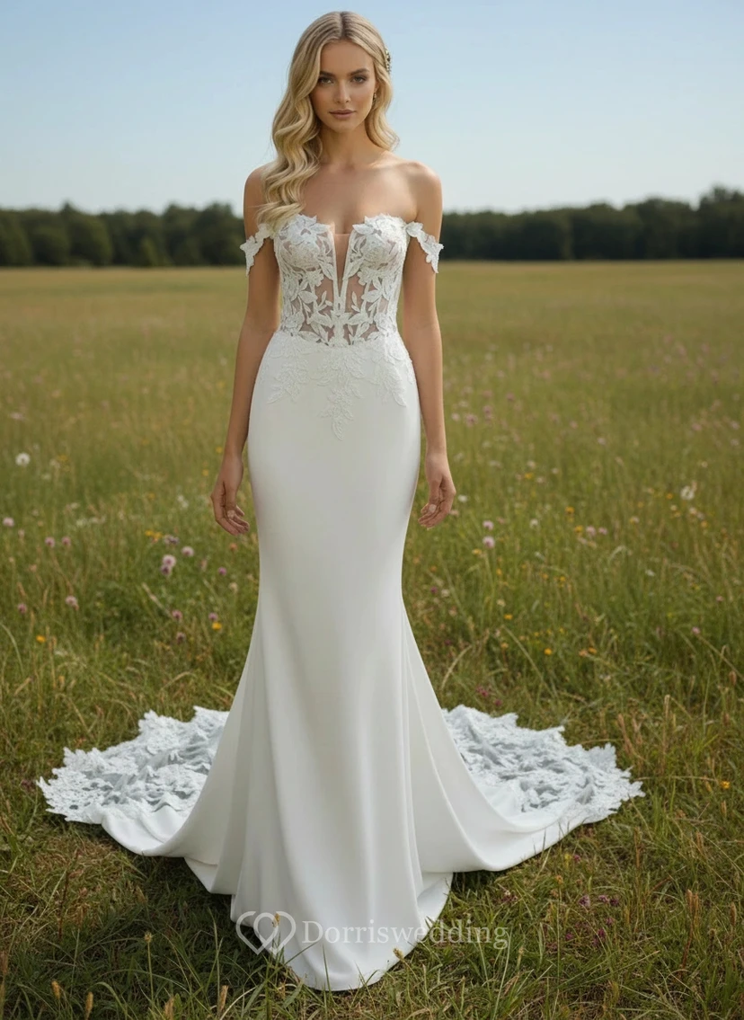 Robe de mariée fourreau bohème à épaules dénudées et traîne courte