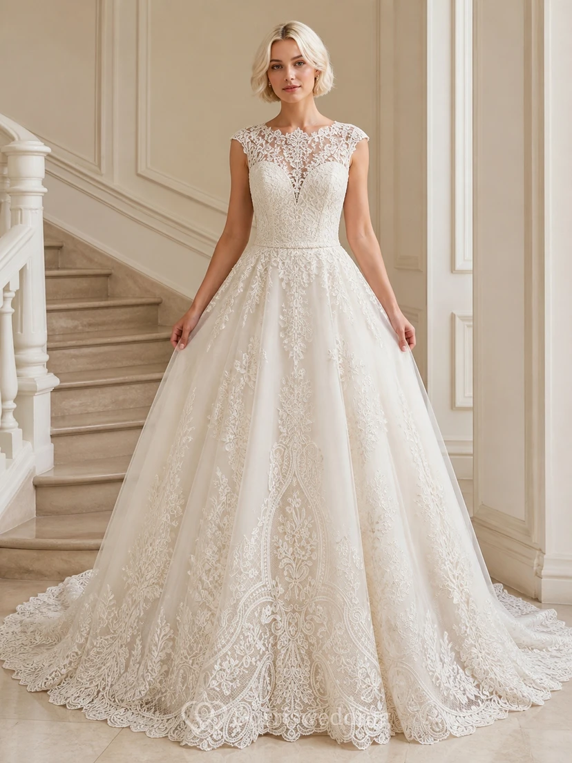 Vestido de novia de lujo estilo catedral, sin mangas, con escote barco y medallón de encaje.