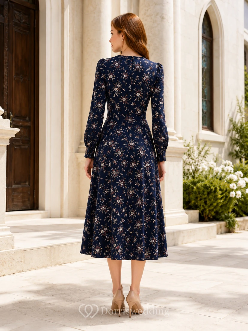 Dark Navy Floral Long Sleeve Modest A Line Midi Dress view 2