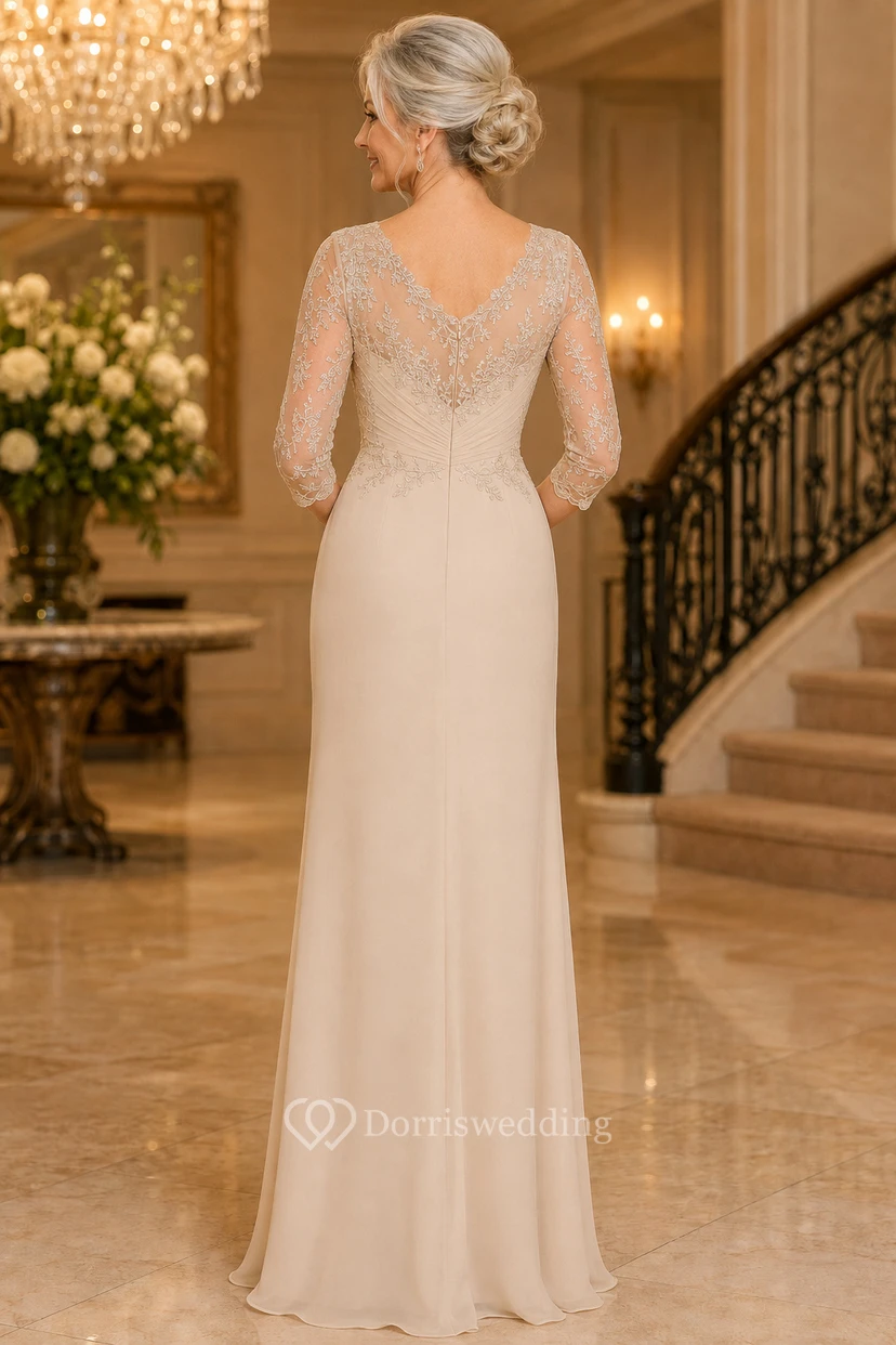 Champagne Lace Sleeve Sheath Mother Dress with V-Neck view 2
