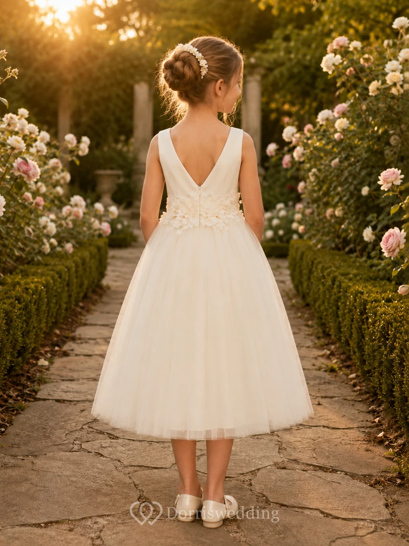 Flower Girl Dress Ivory Lace Tulle A-Line Jewel Neck Tea Length view 2