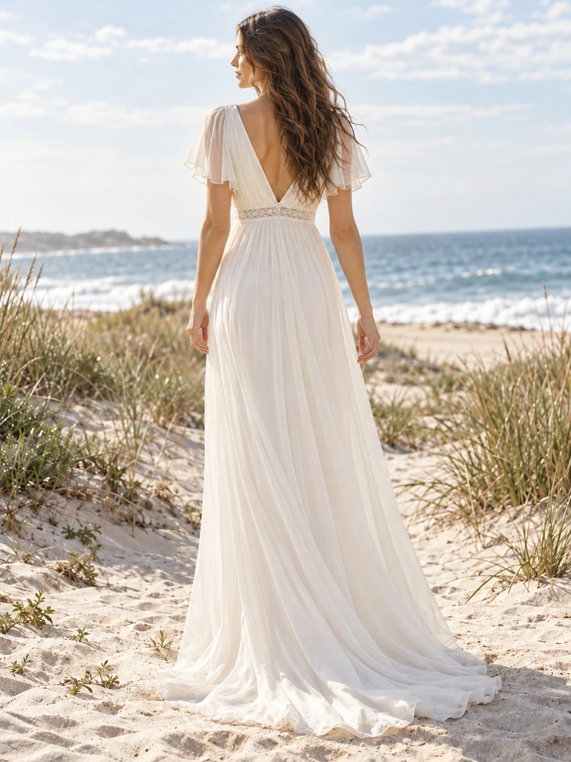 Boho-Brautkleid aus Chiffon, schlicht, Empire-Stil, V-Ausschnitt, flatternde Ärmel, Chiffon, schlicht view 2
