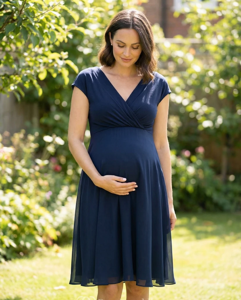 Robe de demoiselle d'honneur de maternité bleu marine foncé avec col en V, manches courtes et jupe en mousseline