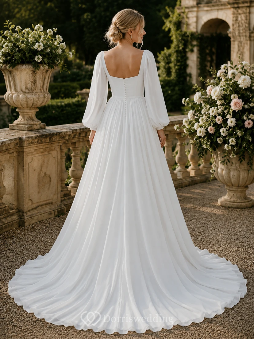 Square Neck A-Line Wedding Dress with Long Puff Sleeves view 2