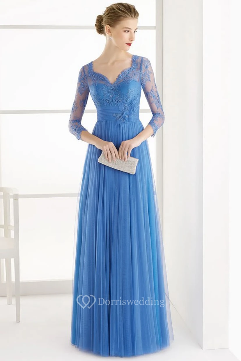 A-Linien-Abendkleid aus Tüll mit 3-4 Ärmeln, V-Ausschnitt, bodenlang, mit Blumenmuster und Falten