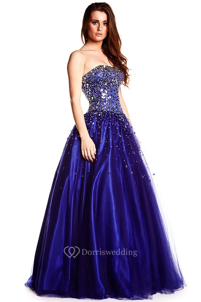 A-Line Beaded Strapless Long Sleeveless Sequins Prom Dress