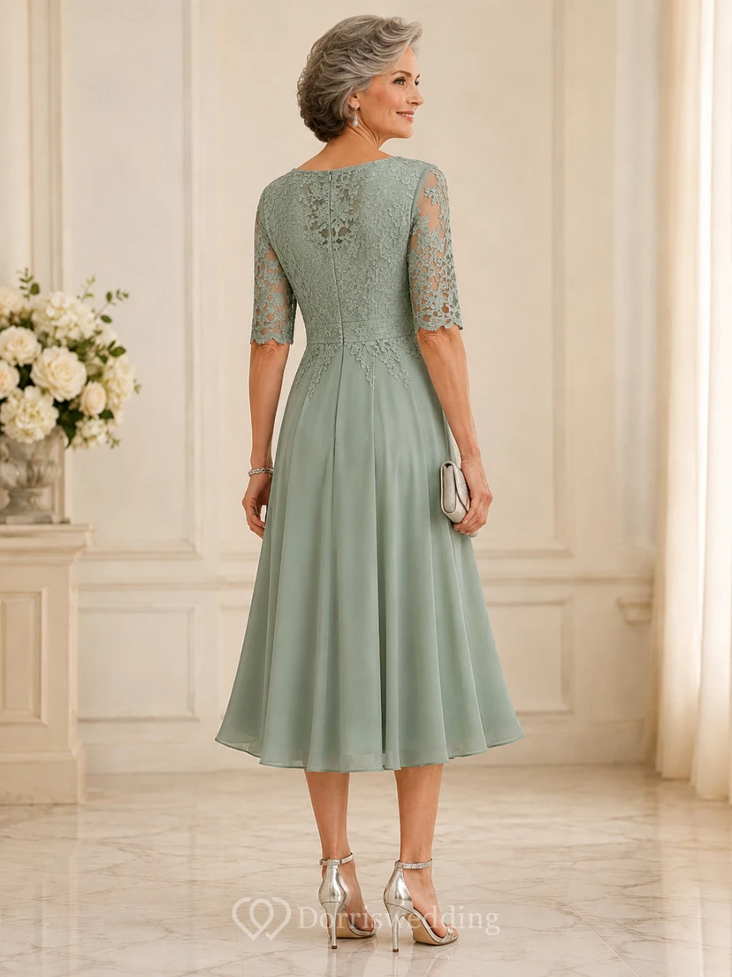 Sage Tea Length Crystal Brooch Mother Dress Sage Bateau Jewel A-Line Tea-length view 2