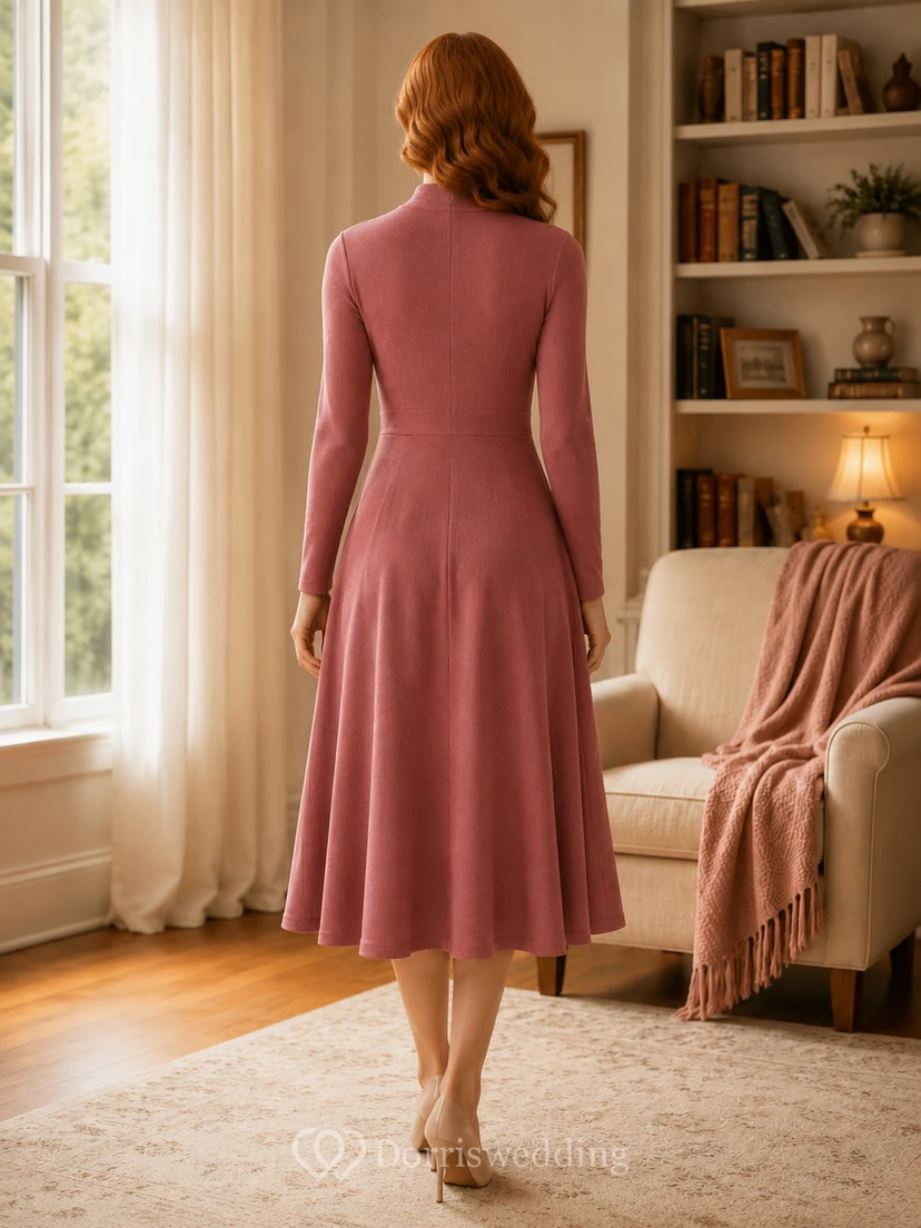 Dusty Rose Jewel Neck Long Sleeve Knit Midi Dress view 2