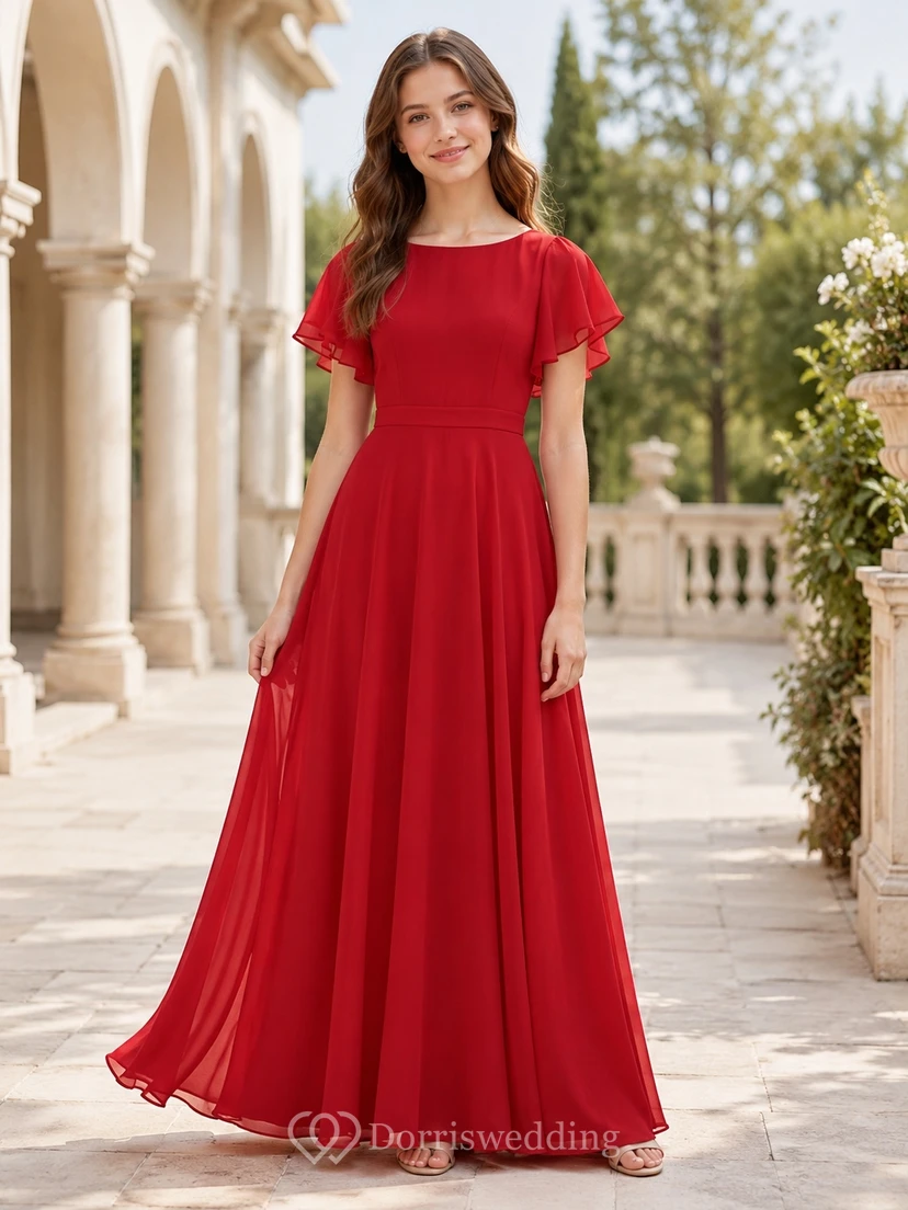 Vestido rojo de dama de honor juvenil, corte en A, largo hasta el suelo, manga corta con detalle de volantes, estilo romántico.