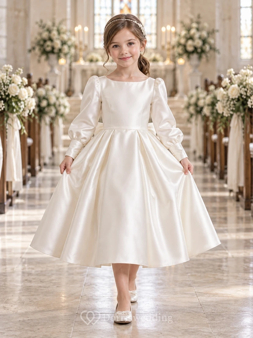 Tea-length Long Sleeve Vintage Ivory A-line Satin Pleated Bow-back Flower Girl Dress