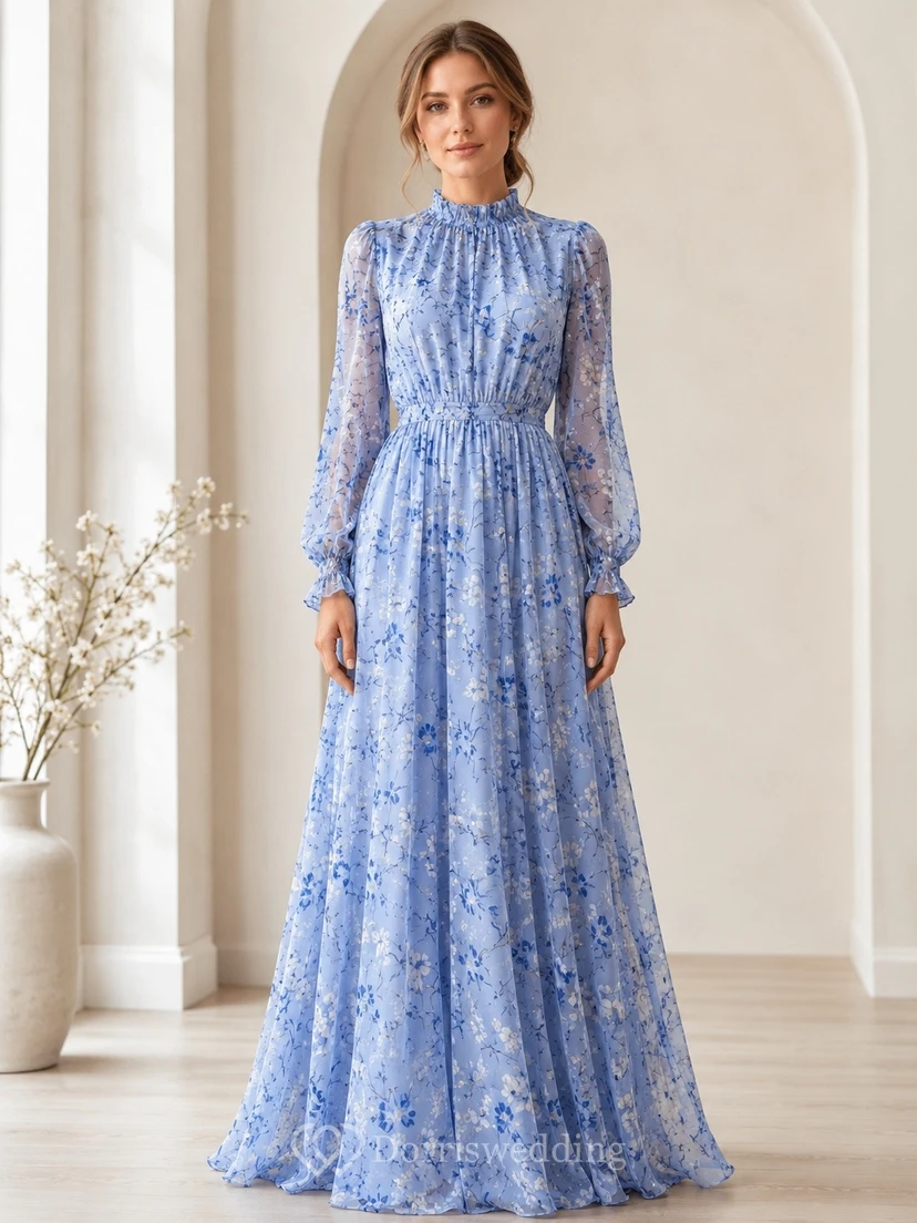 Blue Floral Chiffon High Neck Long Sleeve Floor-Length A-Line Dress