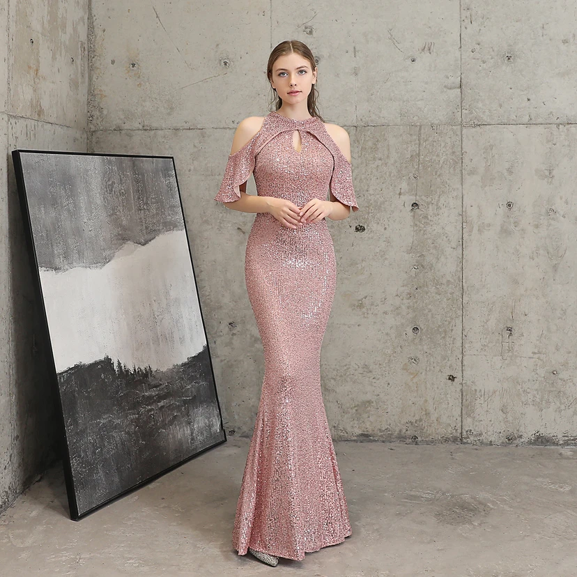 Banquet Temperament Elegant Long Short-Sleeved Sequin Aura Queen Fishtail Evening Dress view 14