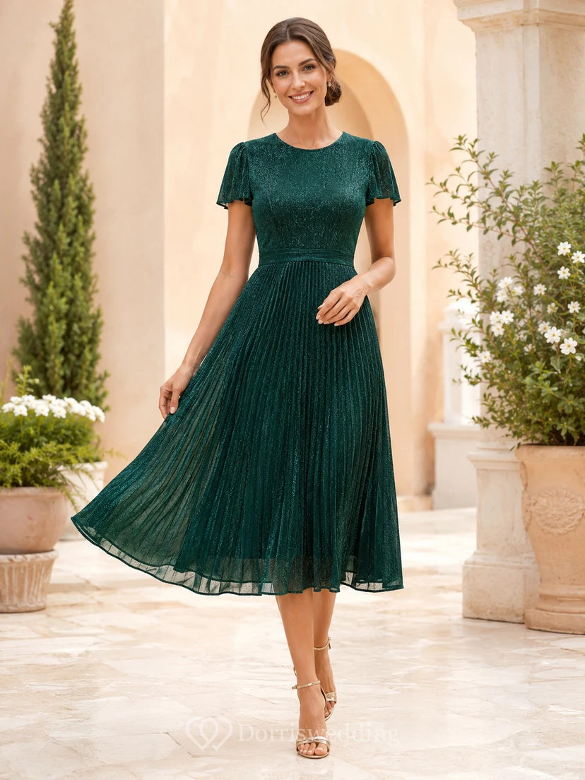 Emerald short sleeve pleated tea length A-line dress