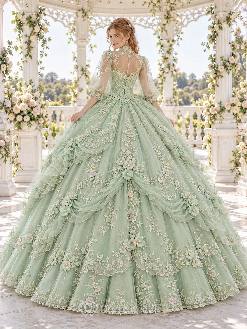 Robe de bal victorienne vert menthe à manches illusion et imprimé floral pour quinceañera view 2