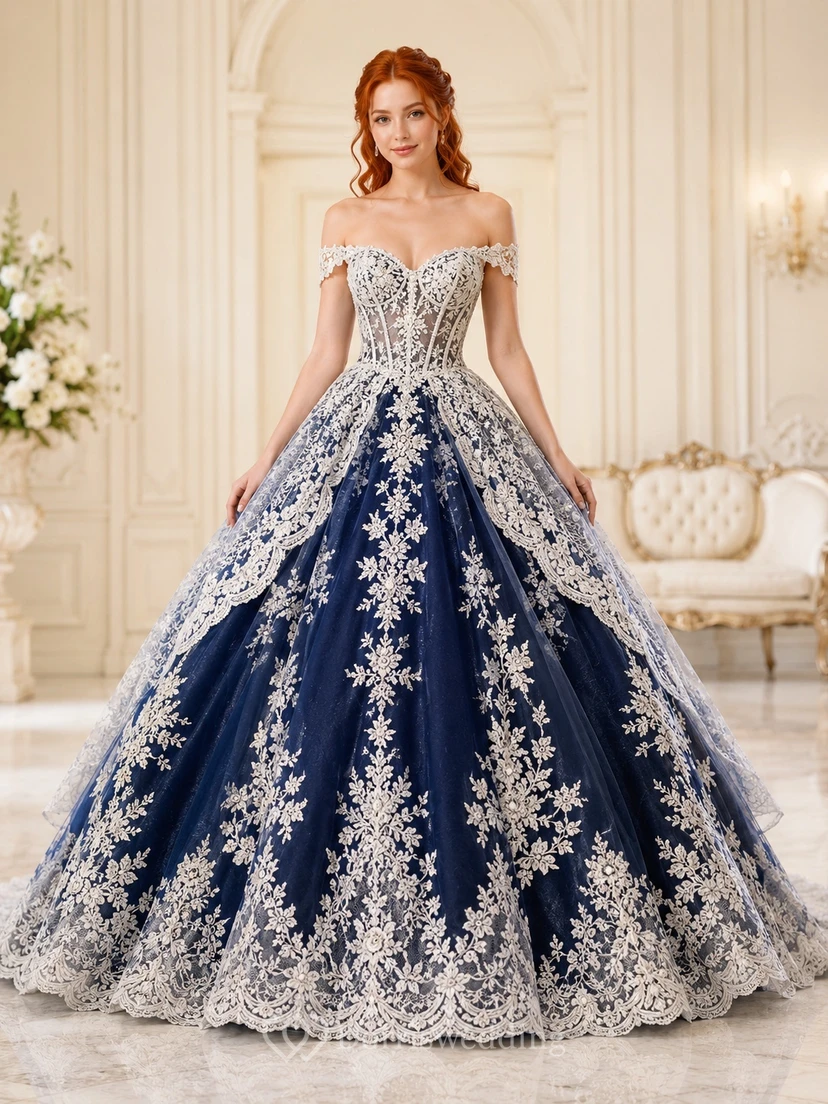 Marineblaues, botanisches Ballkleid mit schulterfreiem Schnitt, kurzen Ärmeln und Spitze – romantisches Hochzeitskleid