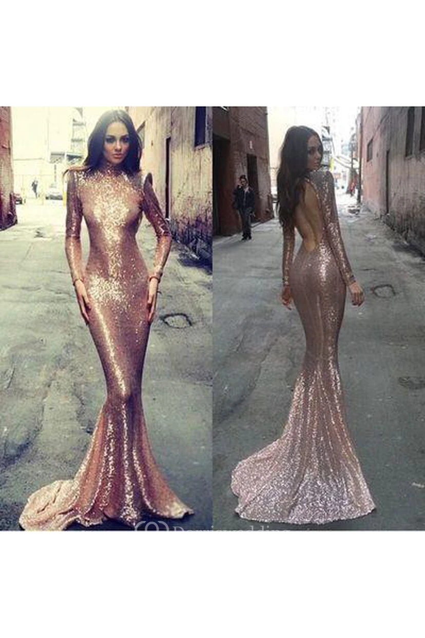 Mermaid Trumpet Sequins High Neck Long Sleeve Open Back Backless Dress
