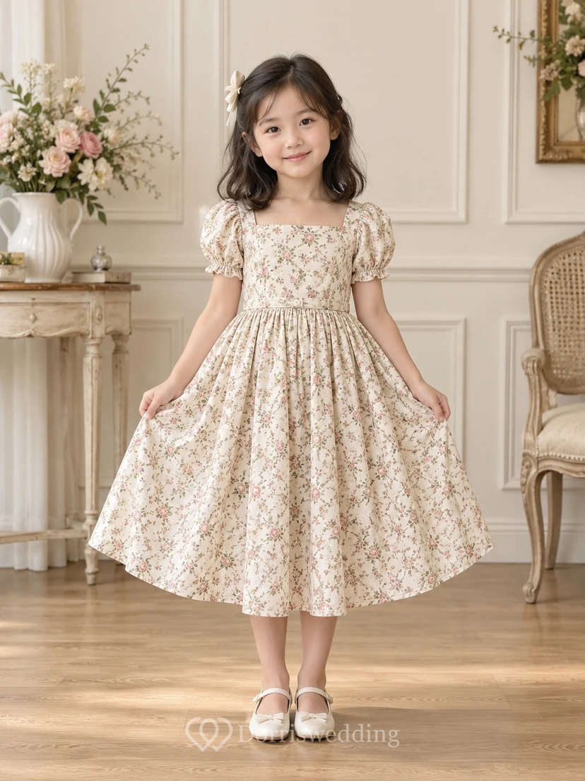 Teelanges, eckiges Blumenkleid in A-Linie mit Blumenmuster, A-Linien-Schnitt, Puffärmeln und Schleife am Rücken