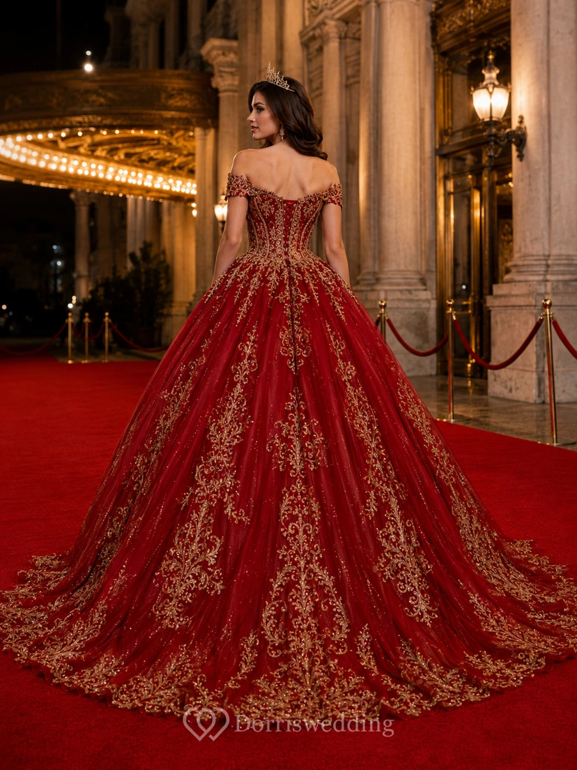 Red Theater Off Shoulder Gold Embroidered Quinceanera Princess Red Carpet Sweep Train Gown view 2